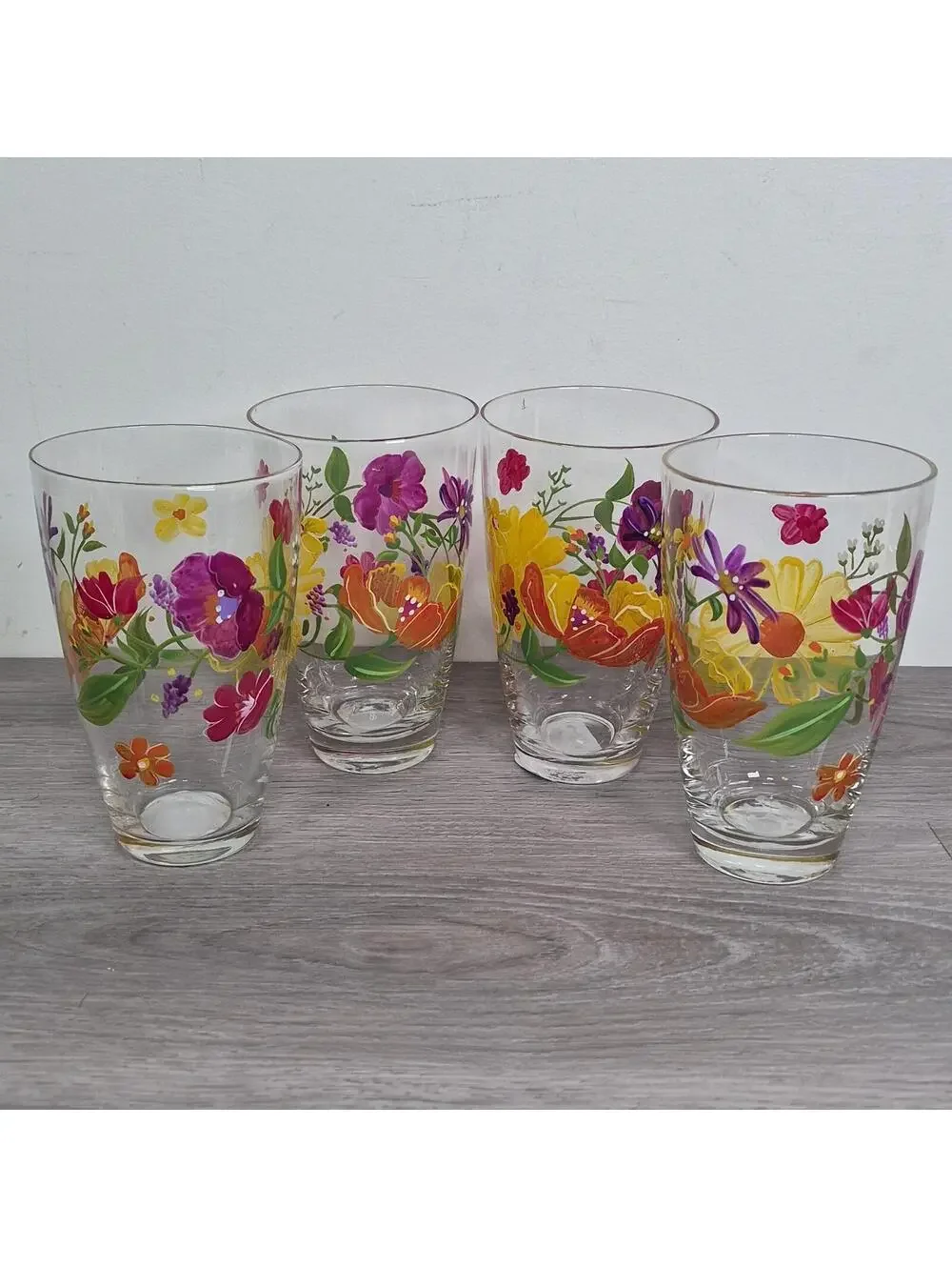 Pier 1 Tall Tumbler Set of 4 Mouth Blown Painted Floral Summer Glasses